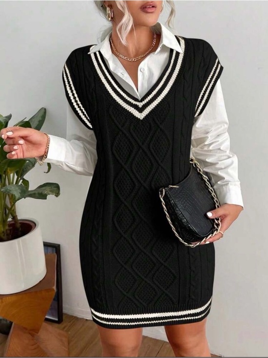 SHEIN Dresses & Skirts - SHEIN Black Knit V-Neck Cable Midi Sweater Dress with White Trim